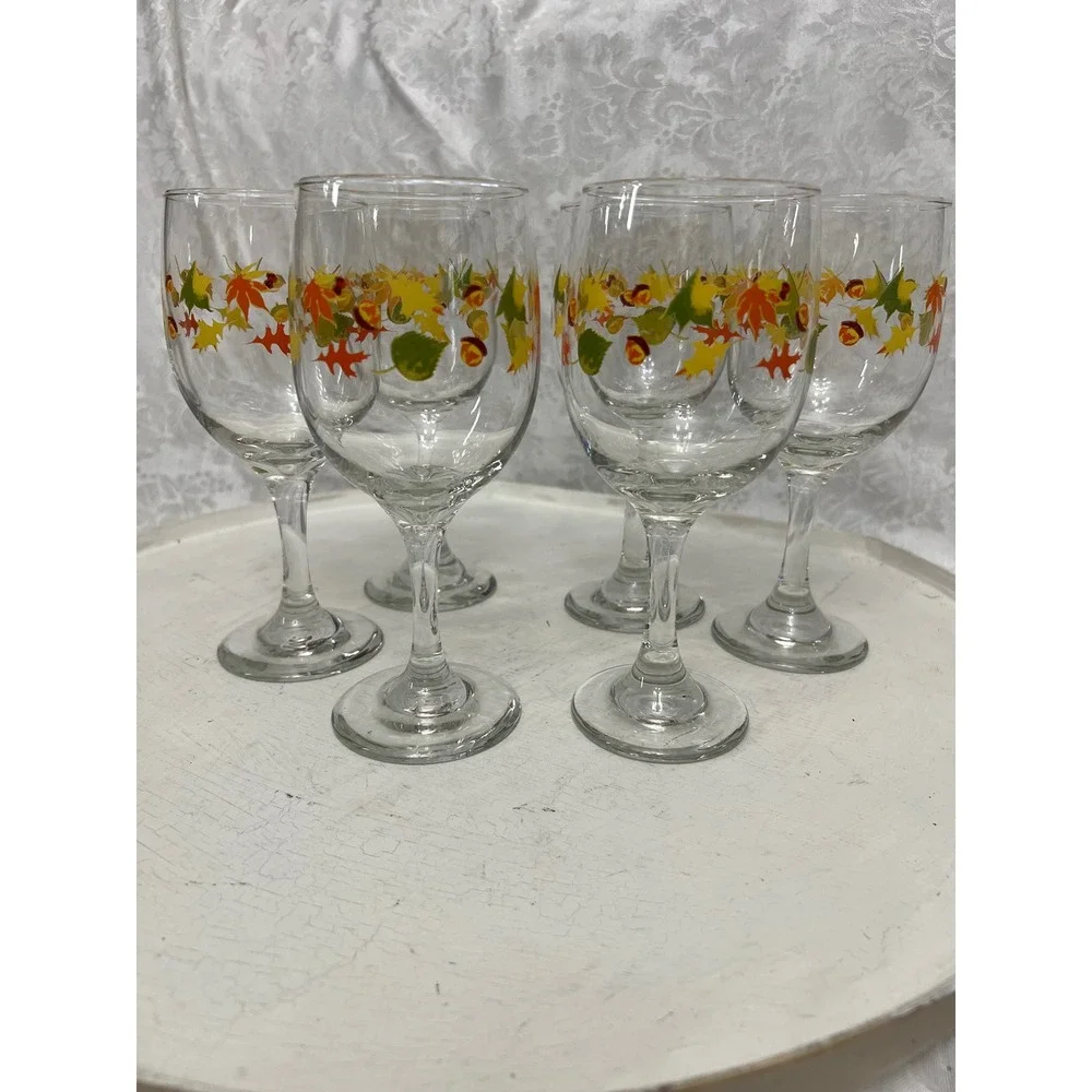 Set of 6 Fall Harvest Autumn Leaves and Acorns Stemmed Wine Glasses Thanksgiving